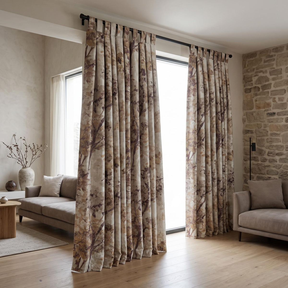 Pure Silk Linen Jacquard Curtains, Ivory Taupe & Plum Abstract Botanical Luxury Drapes, Custom Blackout or Light Filtering Panels — image 3