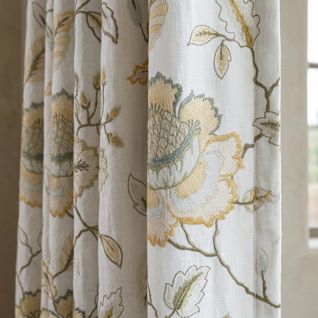 Soft White Embroidered Pure Linen Curtains, Mustard Gold Sage Blue Gray Botanical Floral, Custom Blackout or Light Filtering — image 1