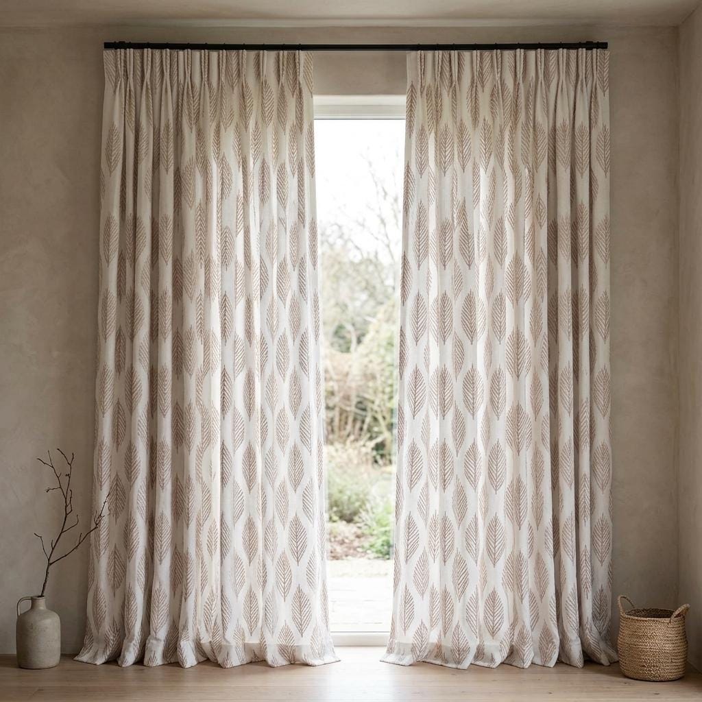 Ivory Embroidered Pure Linen Curtains, Dusty Blush Pink Botanical Leaf Drapes, Custom Blackout or Light Filtering Panels — image 3