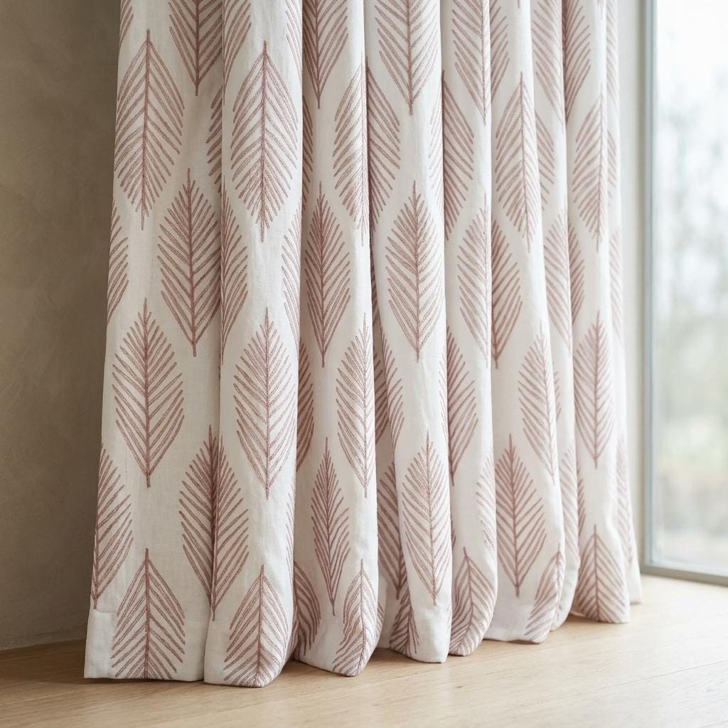 Ivory Embroidered Pure Linen Curtains, Dusty Blush Pink Botanical Leaf Drapes, Custom Blackout or Light Filtering Panels — image 2