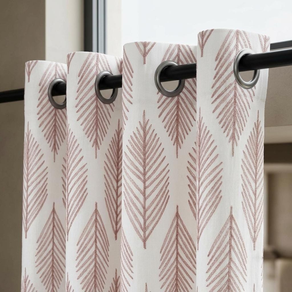 Ivory Embroidered Pure Linen Curtains, Dusty Blush Pink Botanical Leaf Drapes, Custom Blackout or Light Filtering Panels — image 6