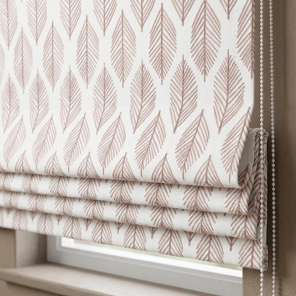 Embroidered Linen Roman Shade: Ivory Blush Taupe Palm Leaf, Custom Corded, Blackout or Light Filtering — image 1