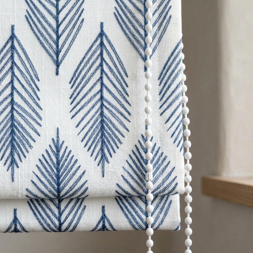 Navy Blue Palm Leaf Linen Roman Shade, Ivory Embroidered Custom Corded Blind, Blackout or Light Filtering — image 1