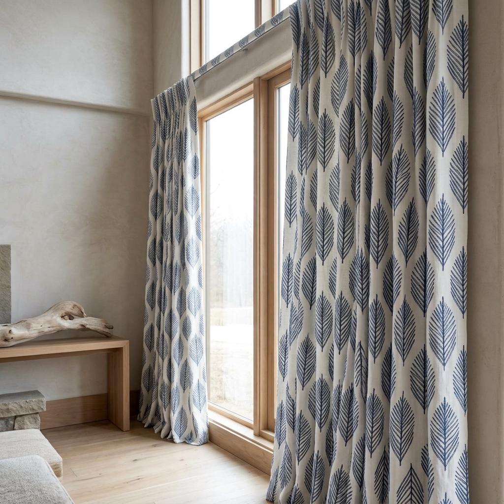 Indigo Blue Palm Leaf Linen Curtains, White Embroidered Botanical Drapes, Custom Blackout or Light Filtering Panels — image 4