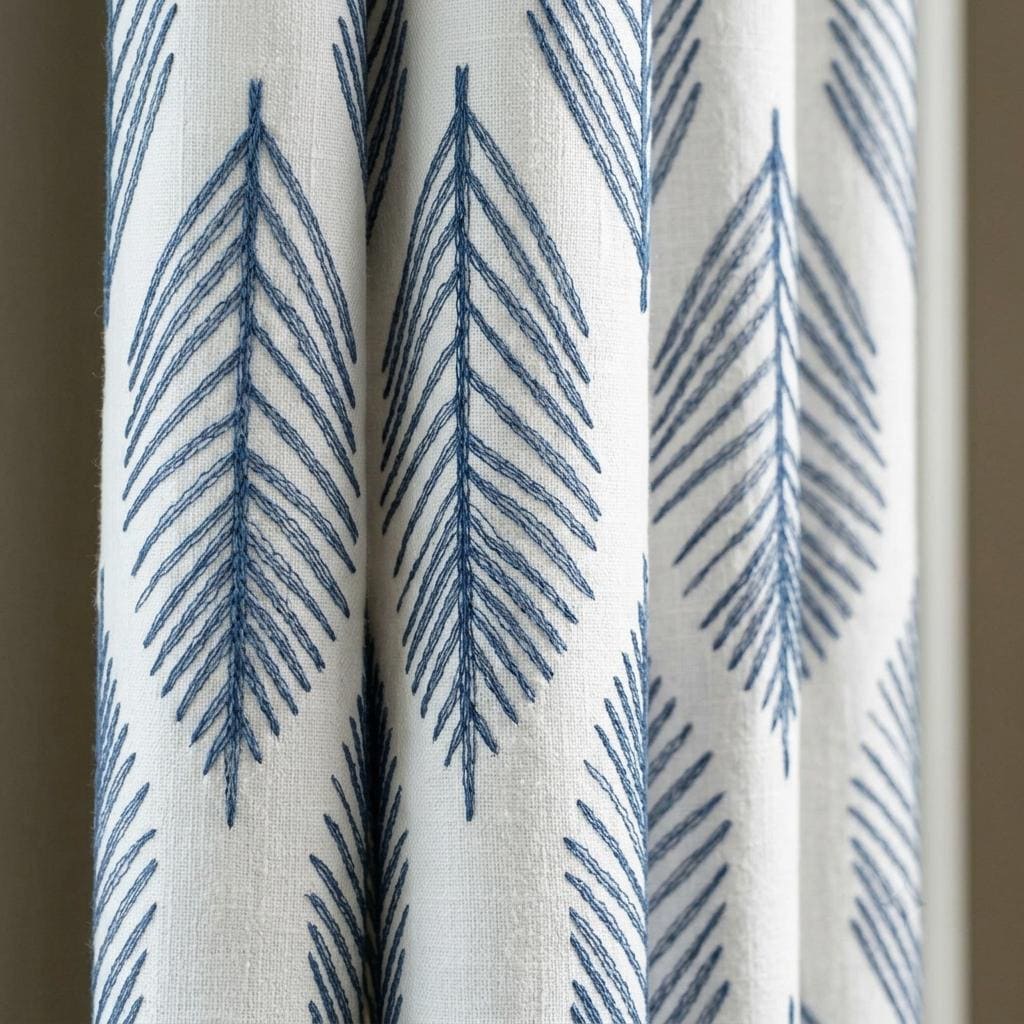 Indigo Blue Palm Leaf Linen Curtains, White Embroidered Botanical Drapes, Custom Blackout or Light Filtering Panels — image 7