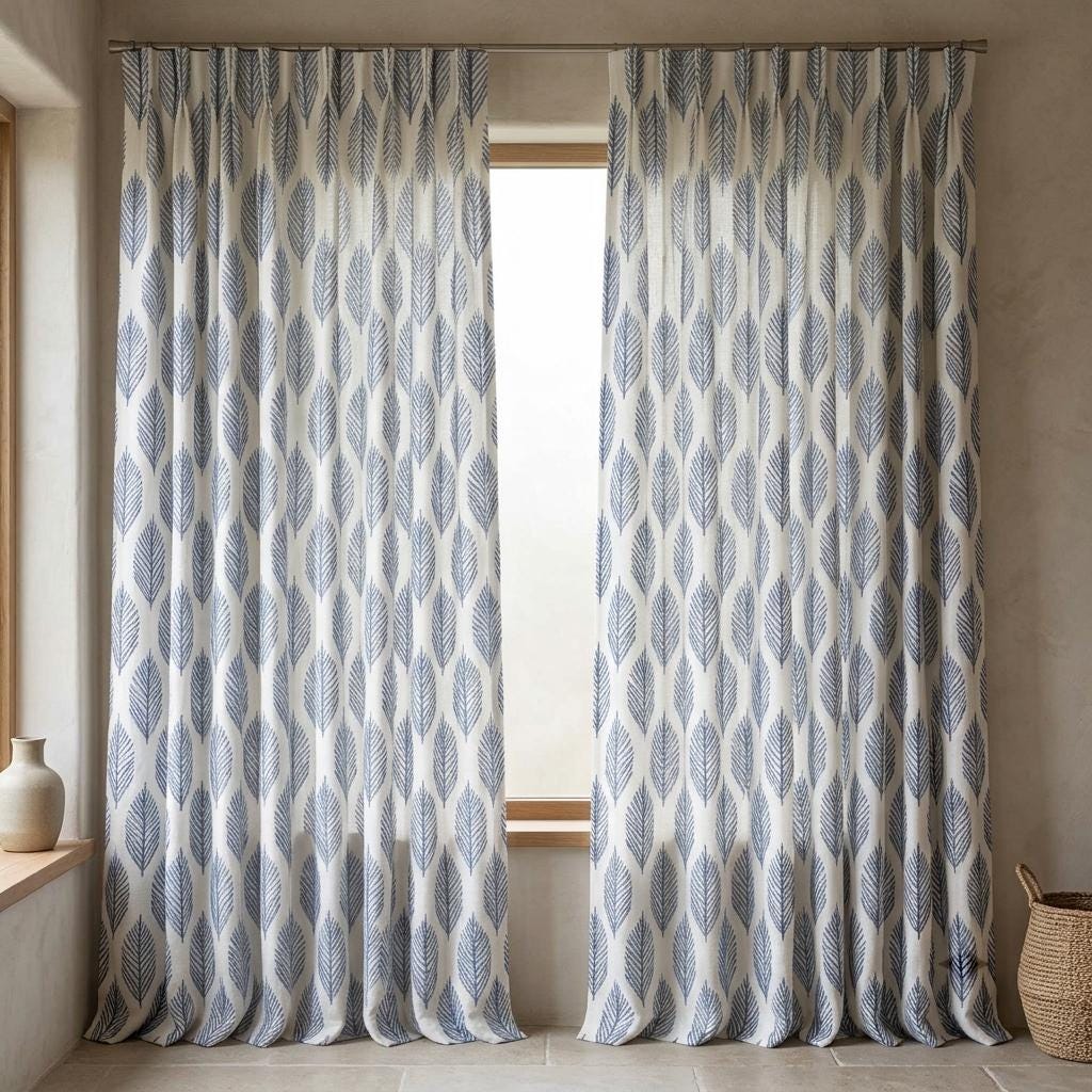 Indigo Blue Palm Leaf Linen Curtains, White Embroidered Botanical Drapes, Custom Blackout or Light Filtering Panels — image 6