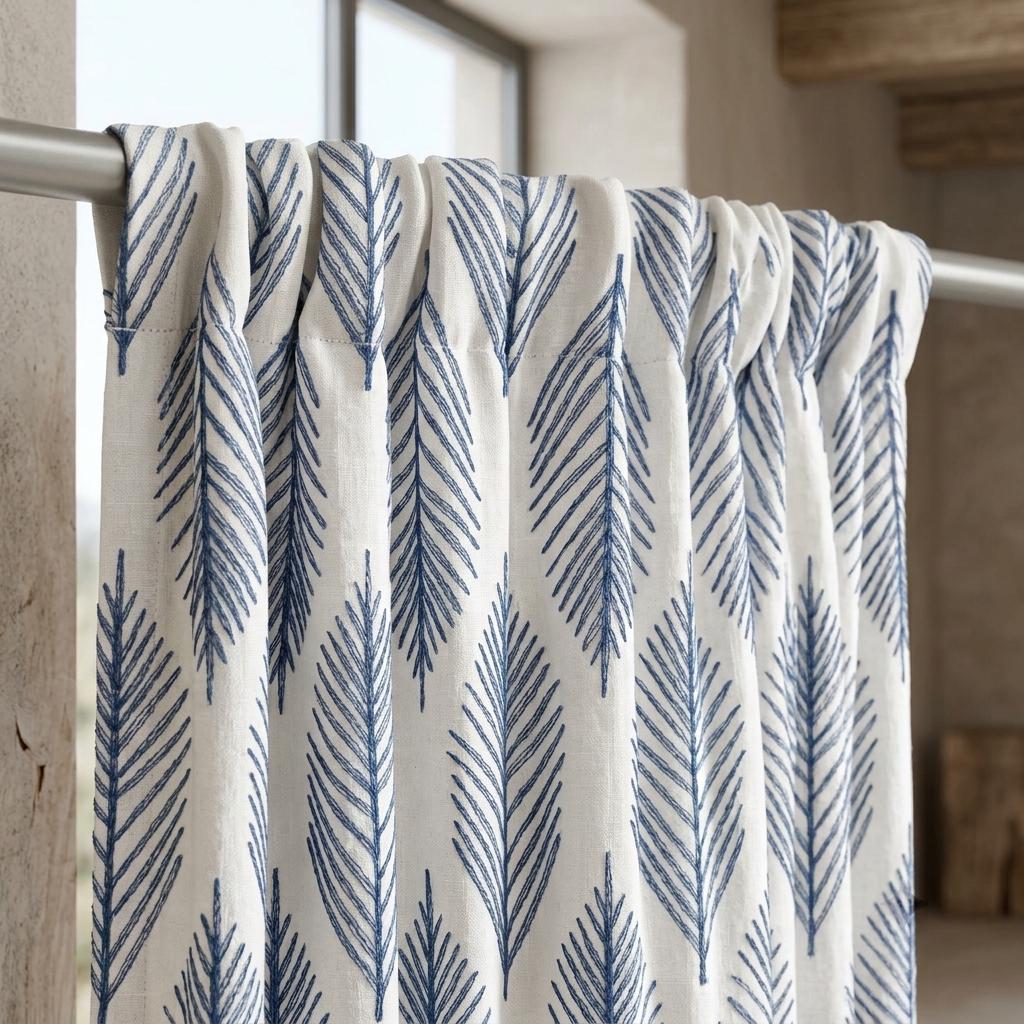 Indigo Blue Palm Leaf Linen Curtains, White Embroidered Botanical Drapes, Custom Blackout or Light Filtering Panels — image 3