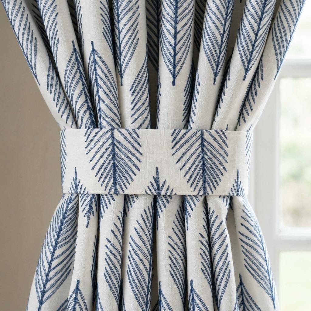 Indigo Blue Palm Leaf Linen Curtains, White Embroidered Botanical Drapes, Custom Blackout or Light Filtering Panels — image 5
