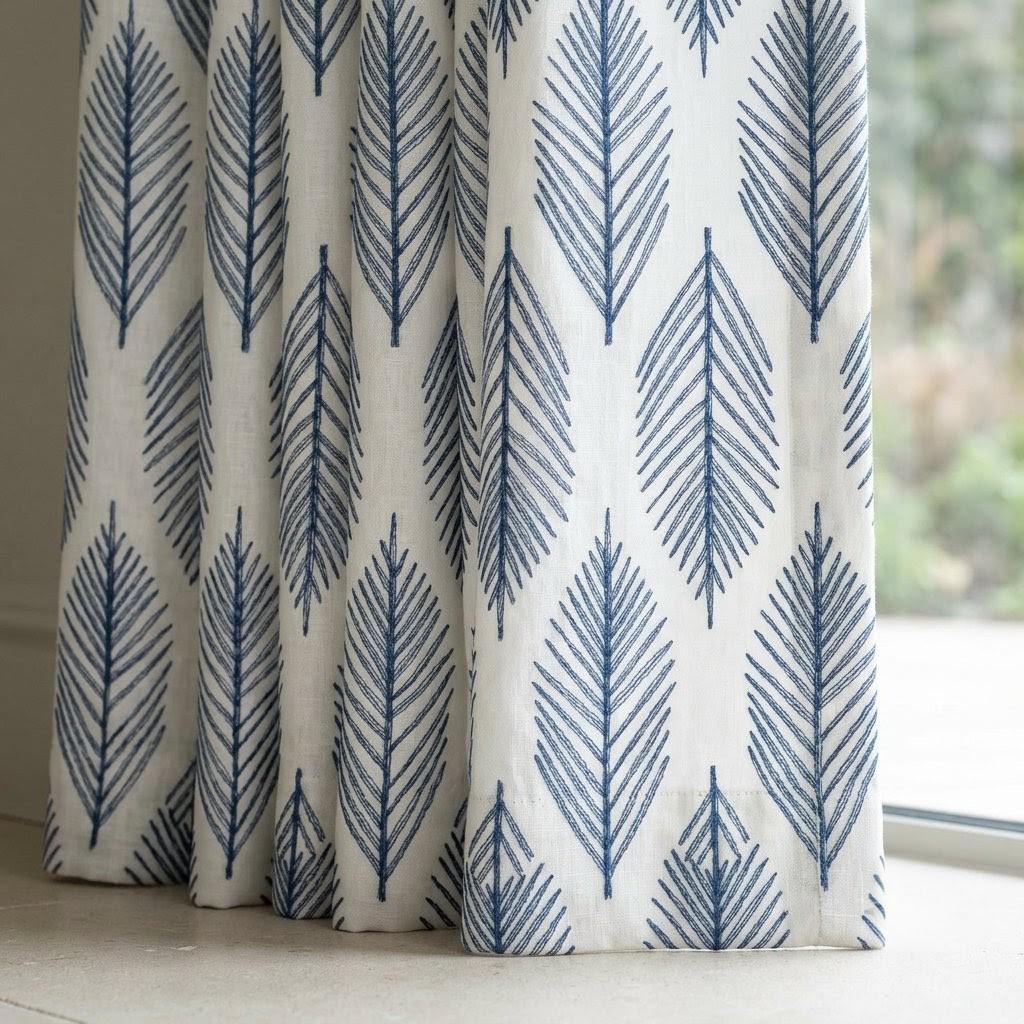 Indigo Blue Palm Leaf Linen Curtains, White Embroidered Botanical Drapes, Custom Blackout or Light Filtering Panels — image 1
