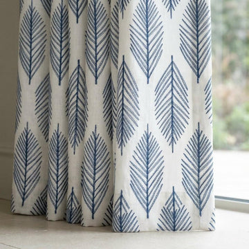 Indigo Blue Palm Leaf Linen Curtains, White Embroidered Botanical Drapes, Custom Blackout or Light Filtering Panels — image 1
