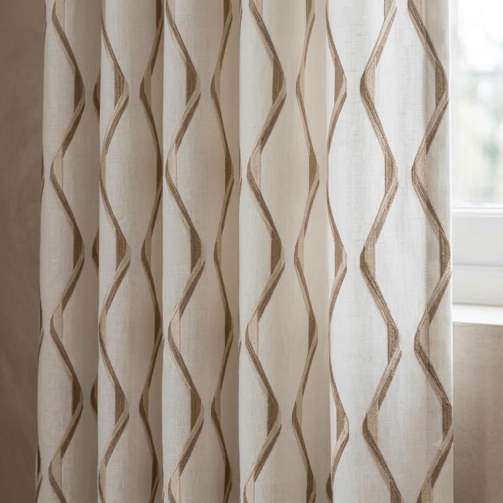 Ivory Flax Linen Curtains, Beige Ogee Trellis Embroidered Drapes, Custom Blackout or Light Filtering Panels — image 1