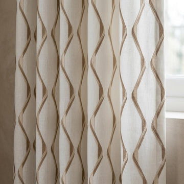 Ivory Flax Linen Curtains, Beige Ogee Trellis Embroidered Drapes, Custom Blackout or Light Filtering Panels — image 1