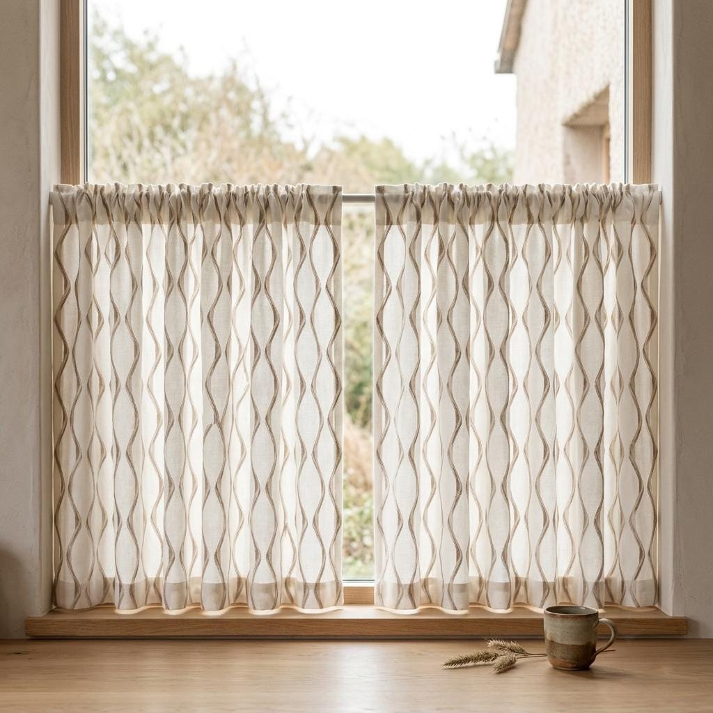 Ivory Flax Linen Curtains, Beige Ogee Trellis Embroidered Drapes, Custom Blackout or Light Filtering Panels — image 8