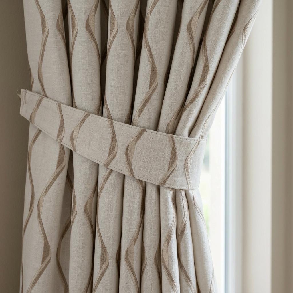 Ivory Flax Linen Curtains, Beige Ogee Trellis Embroidered Drapes, Custom Blackout or Light Filtering Panels — image 2