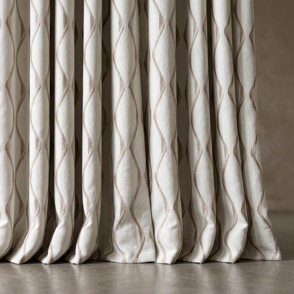 Ivory Flax Linen Curtains, Beige Ogee Trellis Embroidered Drapes, Custom Blackout or Light Filtering Panels — image 5