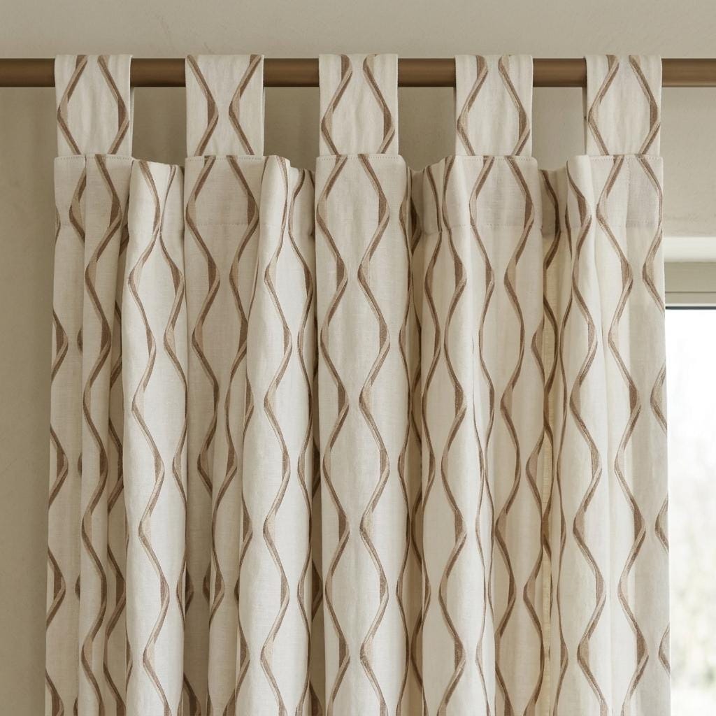 Ivory Flax Linen Curtains, Beige Ogee Trellis Embroidered Drapes, Custom Blackout or Light Filtering Panels — image 9