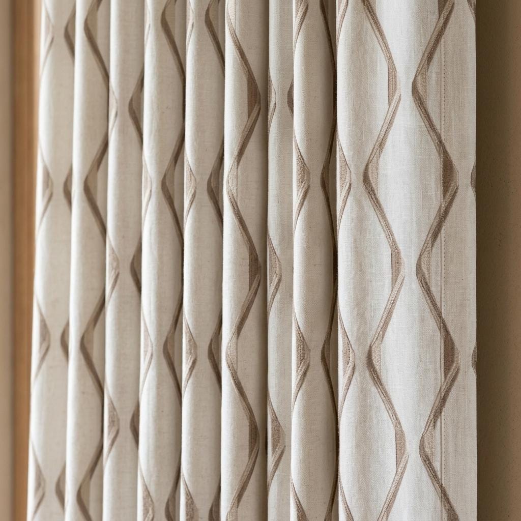 Ivory Flax Linen Curtains, Beige Ogee Trellis Embroidered Drapes, Custom Blackout or Light Filtering Panels — image 6