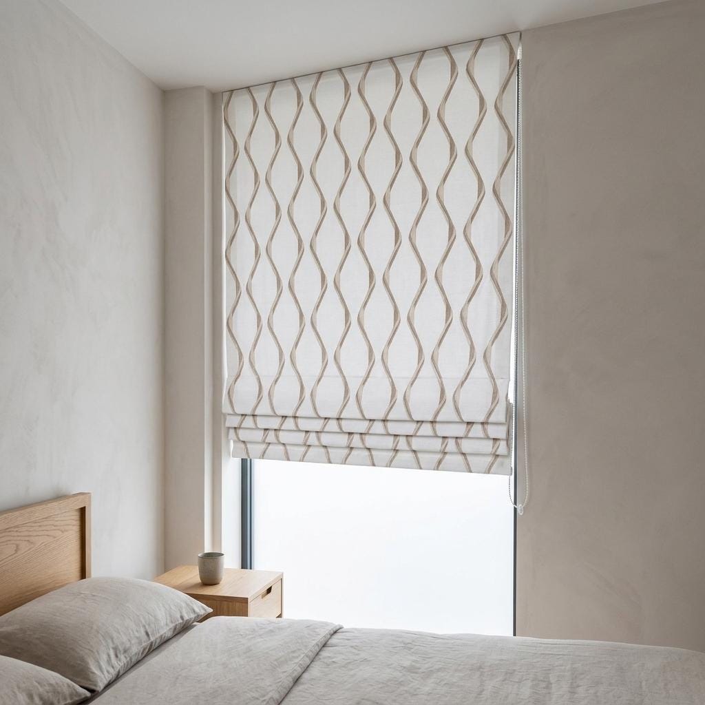 Ivory Flax Pure Linen Roman Shade, Taupe Wavy Geometric Embroidered Custom Blind, Blackout or Light Filtering — image 4