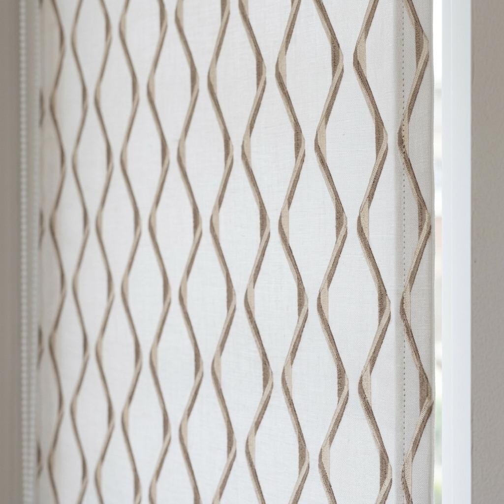 Ivory Flax Pure Linen Roman Shade, Taupe Wavy Geometric Embroidered Custom Blind, Blackout or Light Filtering — image 5