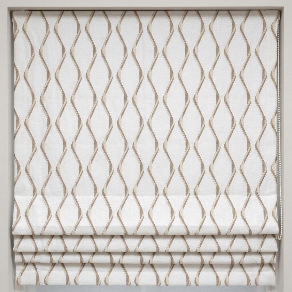 Ivory Flax Pure Linen Roman Shade, Taupe Wavy Geometric Embroidered Custom Blind, Blackout or Light Filtering — image 10