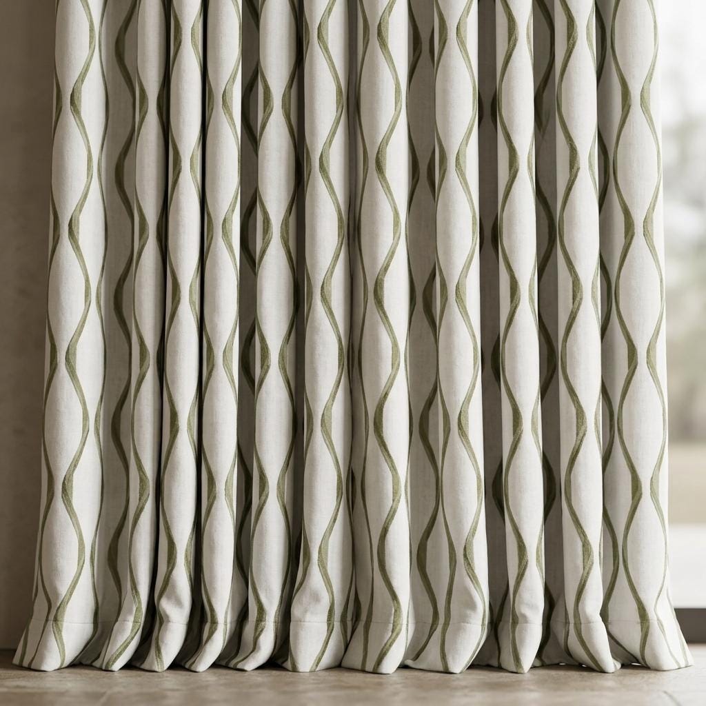 Ivory Green Pure Linen Curtains, Sage Olive Ogee Trellis Embroidered Drapes, Custom Blackout or Light Filtering Panels — image 3