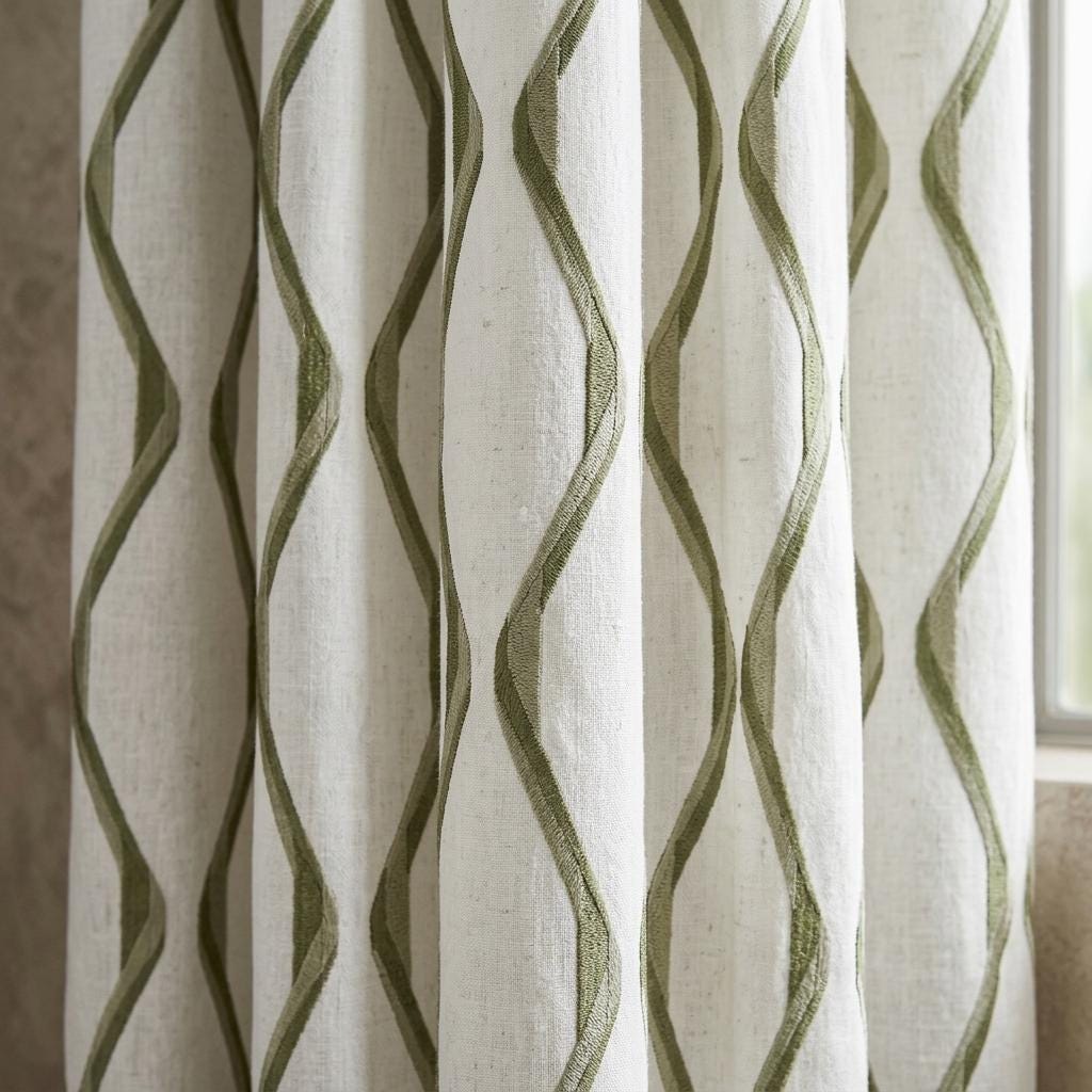Ivory Green Pure Linen Curtains, Sage Olive Ogee Trellis Embroidered Drapes, Custom Blackout or Light Filtering Panels — image 1