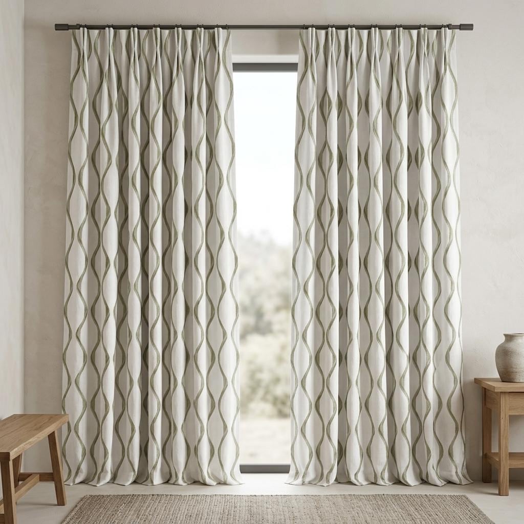 Ivory Green Pure Linen Curtains, Sage Olive Ogee Trellis Embroidered Drapes, Custom Blackout or Light Filtering Panels — image 7