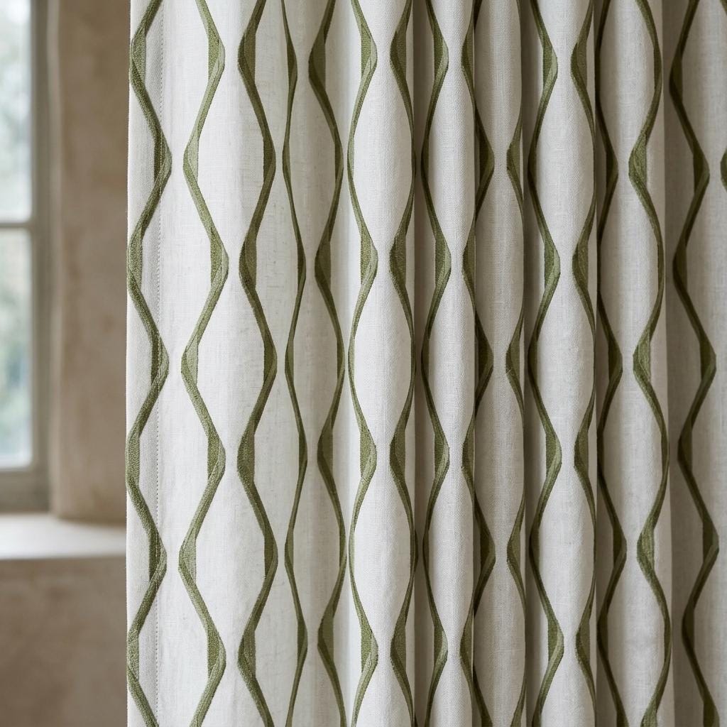Ivory Green Pure Linen Curtains, Sage Olive Ogee Trellis Embroidered Drapes, Custom Blackout or Light Filtering Panels — image 2
