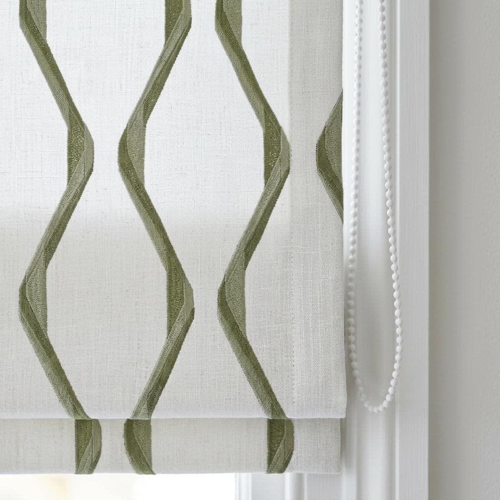 Ivory Green Pure Linen Roman Shade, Sage Olive Wavy Geometric Embroidered Custom Blind, Blackout or Light Filtering — image 4