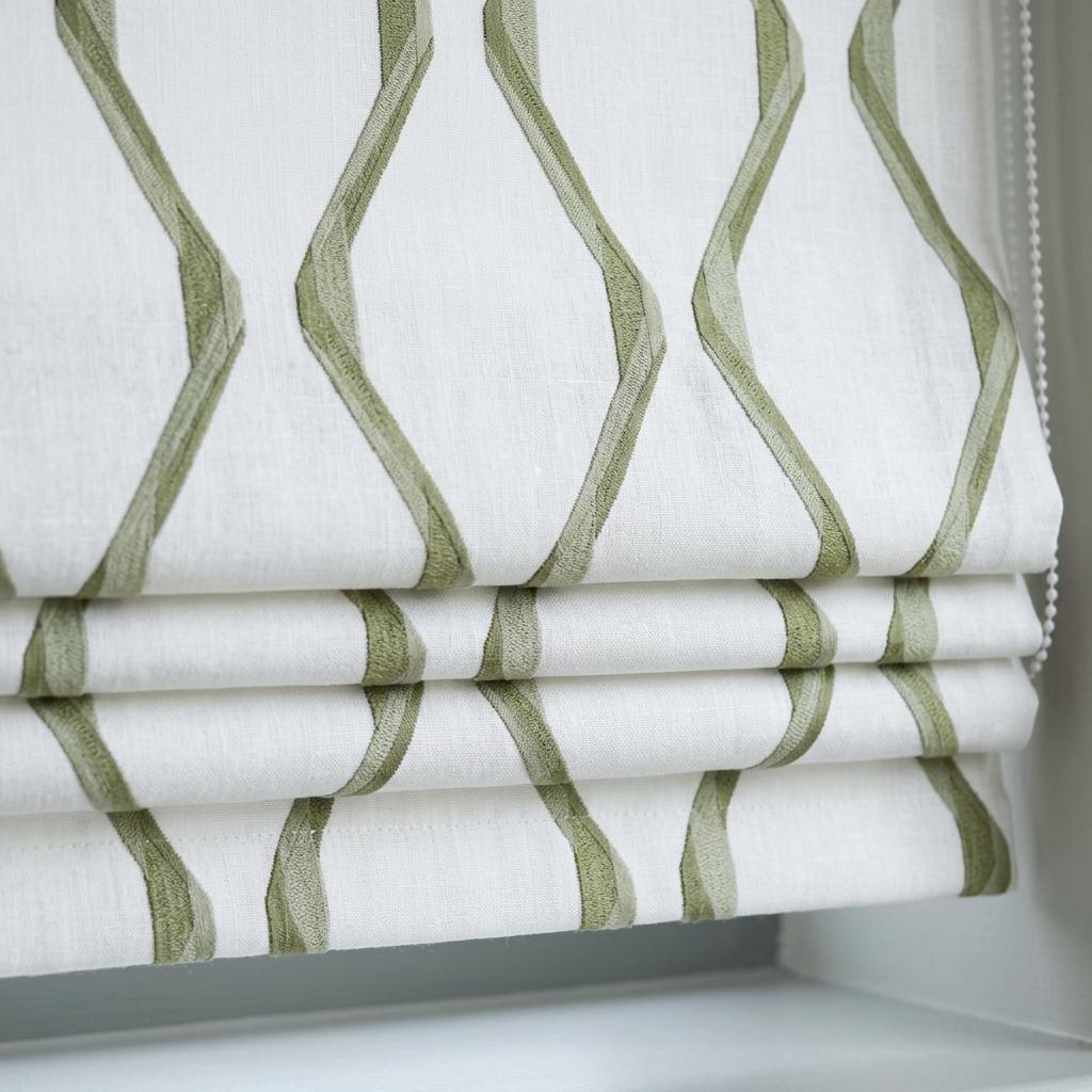 Ivory Green Pure Linen Roman Shade, Sage Olive Wavy Geometric Embroidered Custom Blind, Blackout or Light Filtering — image 7