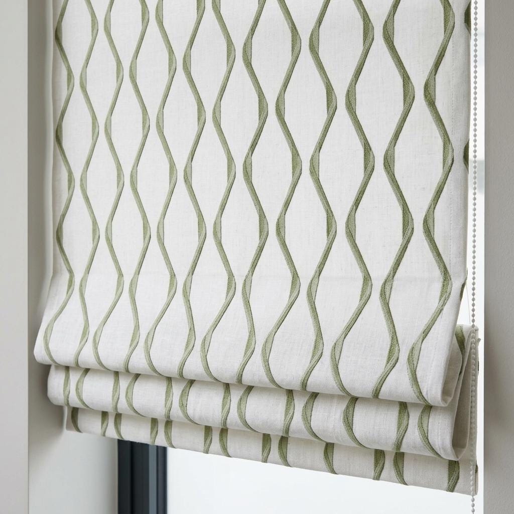 Ivory Green Pure Linen Roman Shade, Sage Olive Wavy Geometric Embroidered Custom Blind, Blackout or Light Filtering — image 5