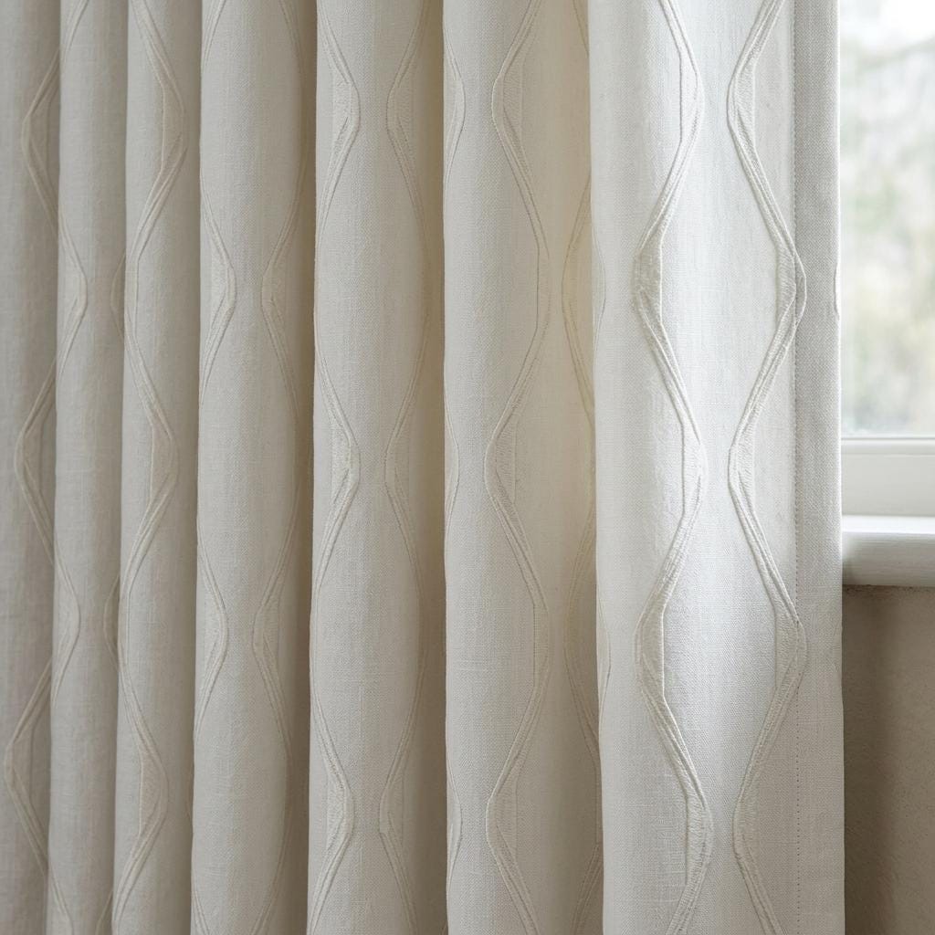 Ivory on Ivory Pure Linen Curtains, White Ogee Trellis Embroidered Drapes, Custom Blackout or Light Filtering Panels — image 1
