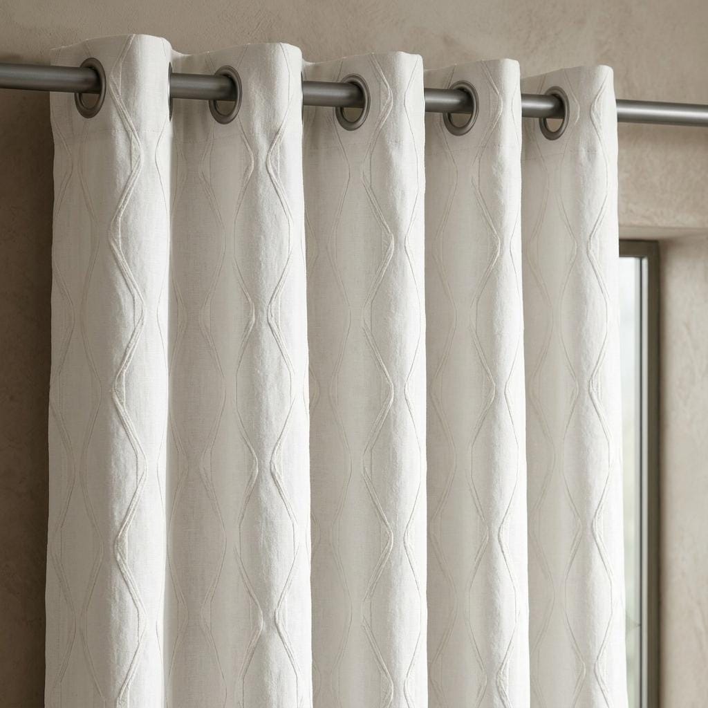 Ivory on Ivory Pure Linen Curtains, White Ogee Trellis Embroidered Drapes, Custom Blackout or Light Filtering Panels — image 1