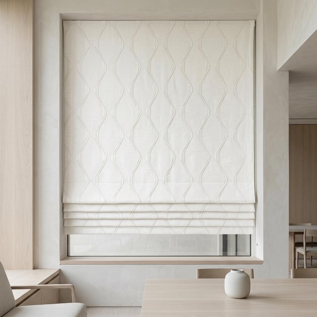 Ivory on Ivory Pure Linen Roman Shade, Tone-on-Tone Wavy Geometric Embroidered Custom Blind, Blackout or Light Filtering — image 1