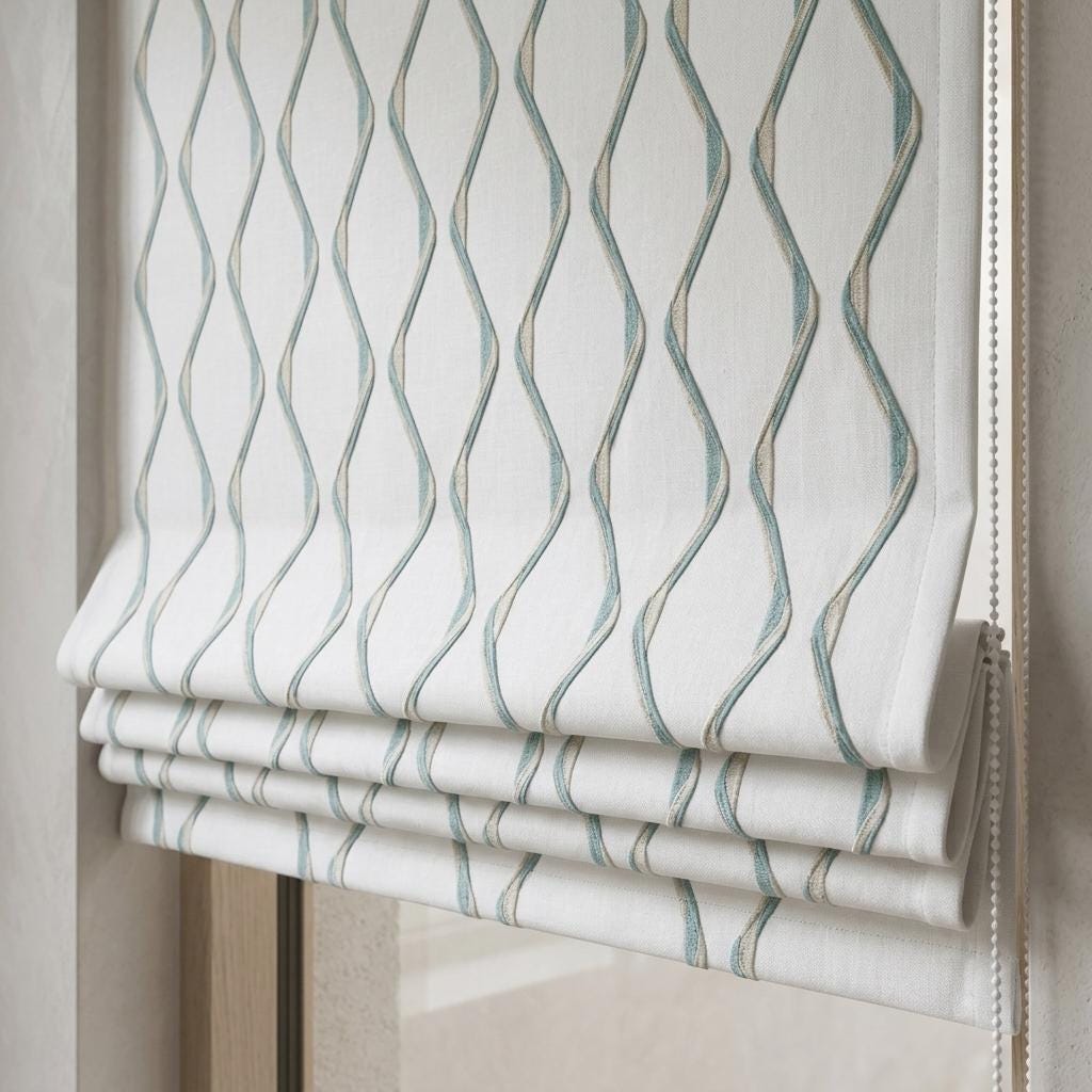 Ivory Spa Pure Linen Roman Shade, Sage Aqua Wavy Geometric Embroidered Custom Blind, Blackout or Light Filtering — image 4