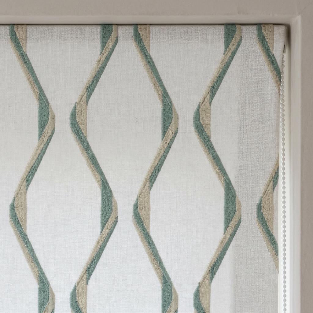 Ivory Spa Pure Linen Roman Shade, Sage Aqua Wavy Geometric Embroidered Custom Blind, Blackout or Light Filtering — image 3