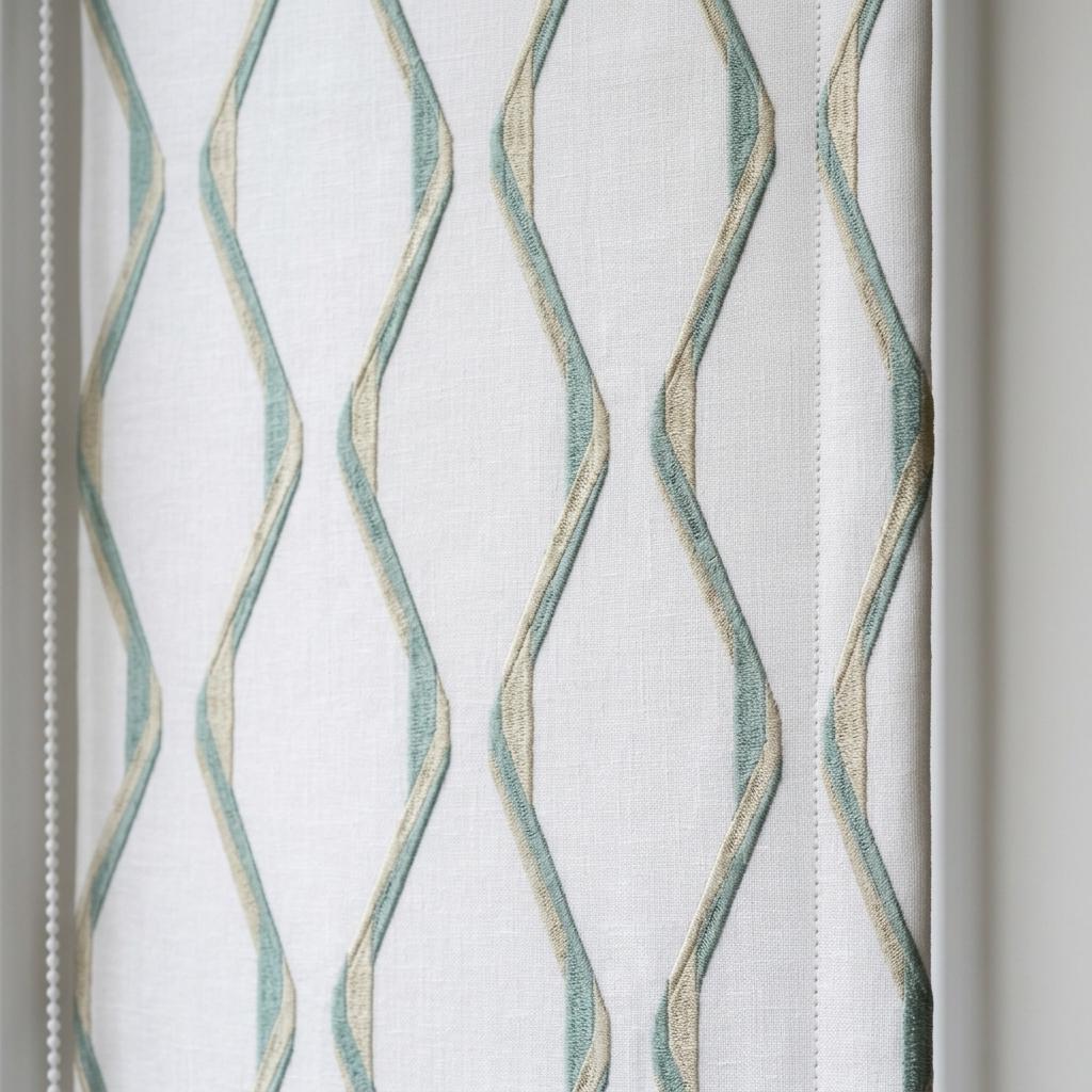 Ivory Spa Pure Linen Roman Shade, Sage Aqua Wavy Geometric Embroidered Custom Blind, Blackout or Light Filtering — image 8