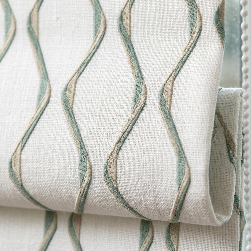 Ivory Spa Pure Linen Roman Shade, Sage Aqua Wavy Geometric Embroidered Custom Blind, Blackout or Light Filtering — image 6