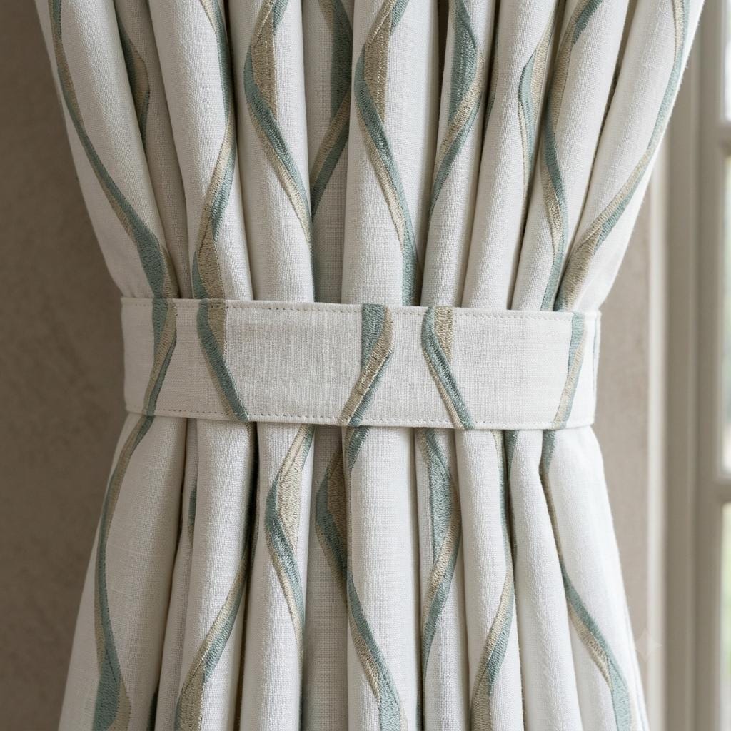 Ivory Spa Pure Linen Curtains, Seafoam Blue & Flax Ogee Trellis Embroidered Drapes, Custom Blackout or Light Filtering Panels — image 2