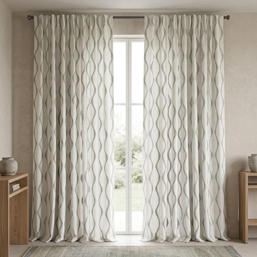 Ivory Spa Pure Linen Curtains, Seafoam Blue & Flax Ogee Trellis Embroidered Drapes, Custom Blackout or Light Filtering Panels — image 6