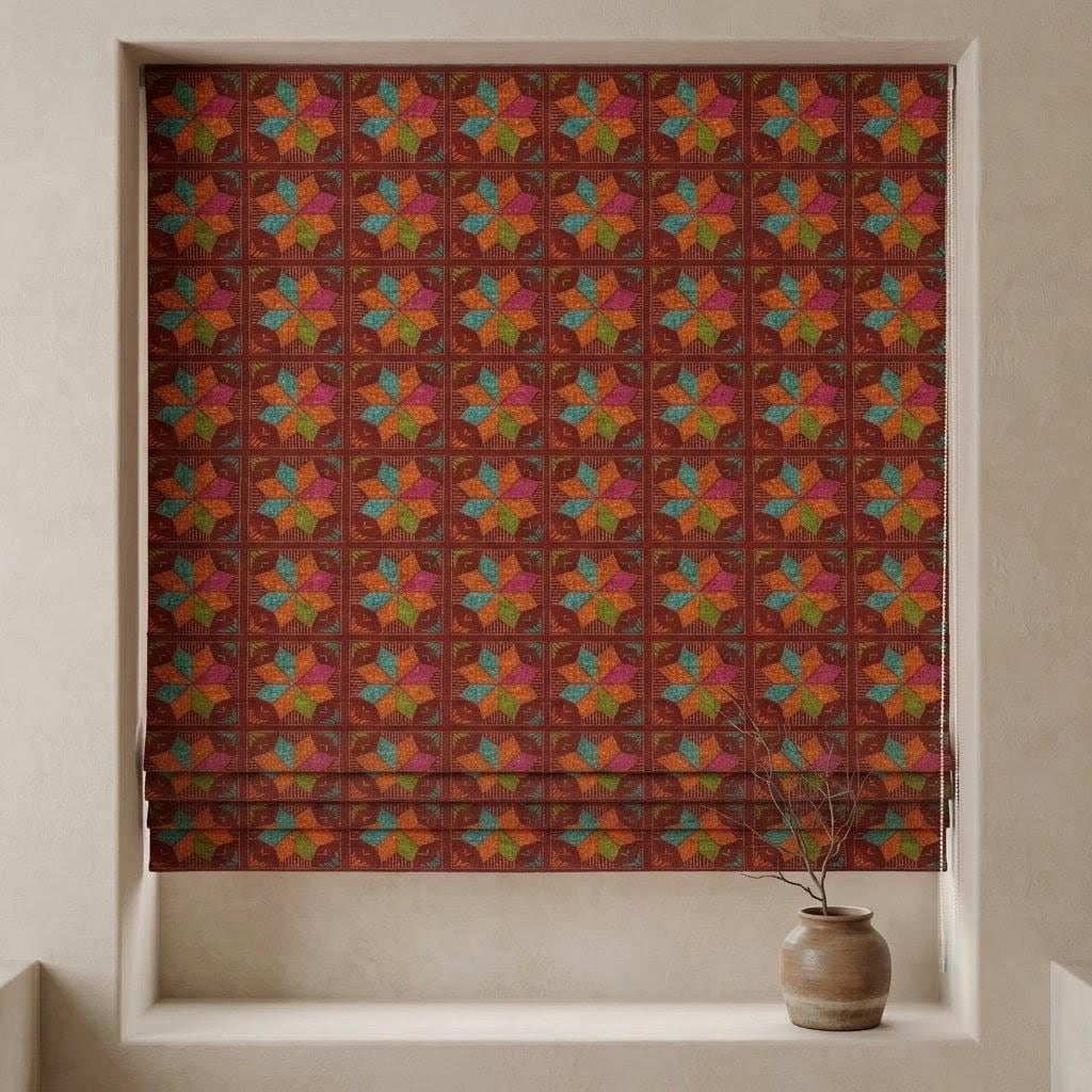 Custom Roman Shade, Rust Brown Cotton Linen Blind, Colorful Geometric Boho Tribal Window Treatment, Blackout or Light Filtering — image 1
