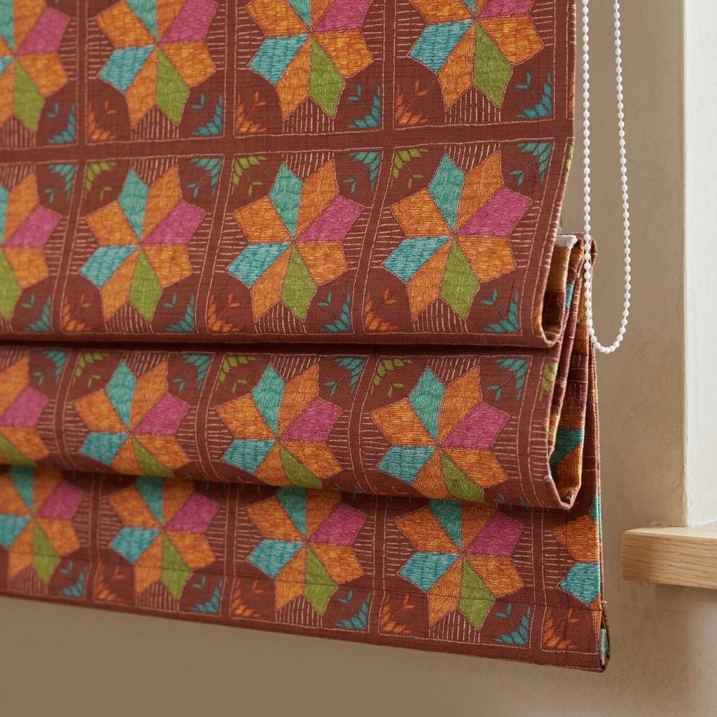 Custom Roman Shade, Rust Brown Cotton Linen Blind, Colorful Geometric Boho Tribal Window Treatment, Blackout or Light Filtering — image 1