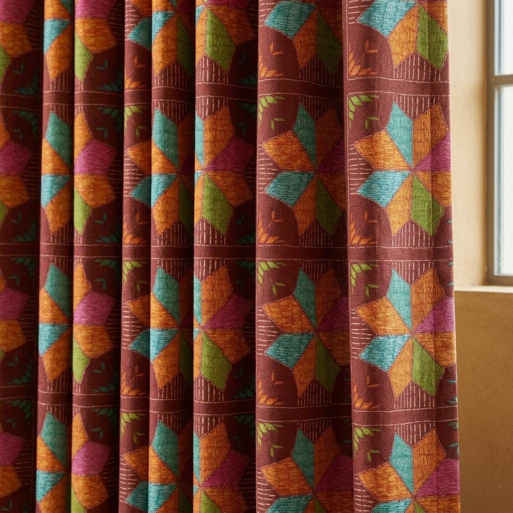 Rust Brown Geometric Linen Cotton Curtains, Teal Orange Mid Century Boho Drapes, Custom Blackout Window Panels — image 2