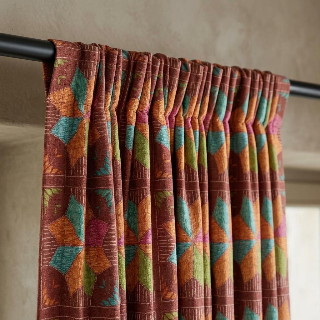 Rust Brown Geometric Linen Cotton Curtains, Teal Orange Mid Century Boho Drapes, Custom Blackout Window Panels — image 7