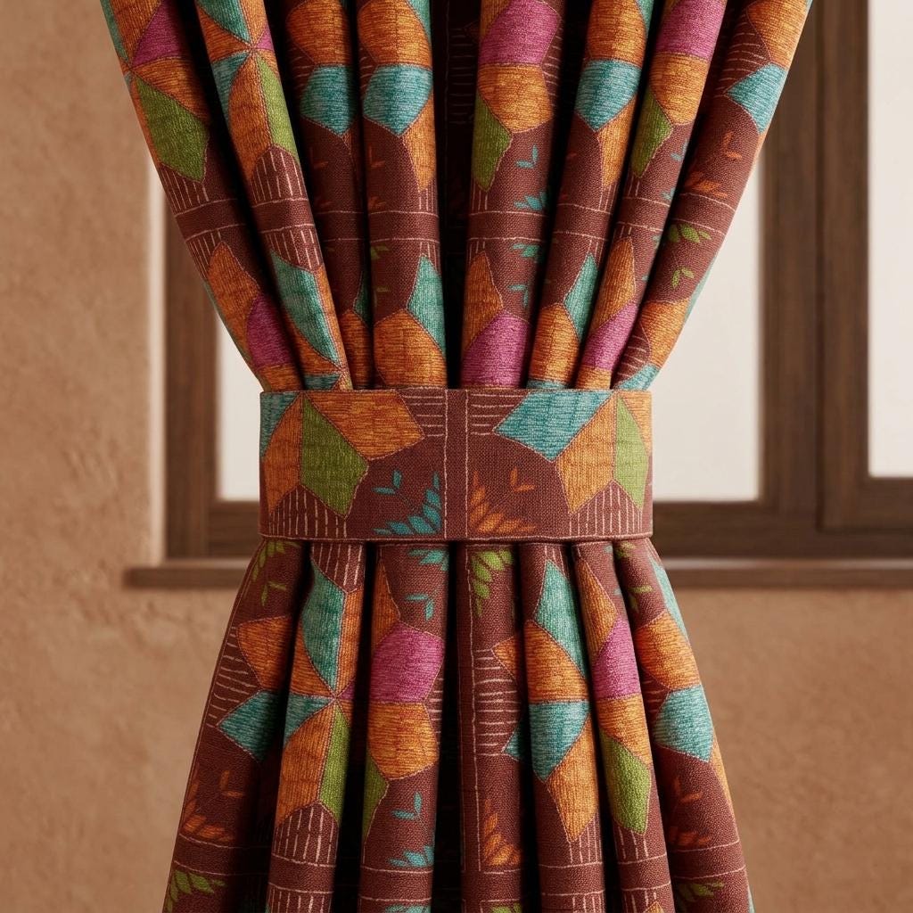 Rust Brown Geometric Linen Cotton Curtains, Teal Orange Mid Century Boho Drapes, Custom Blackout Window Panels — image 3