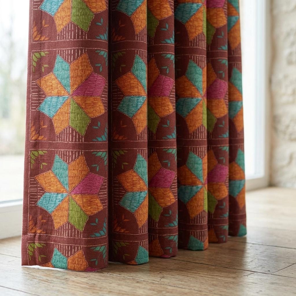 Rust Brown Geometric Linen Cotton Curtains, Teal Orange Mid Century Boho Drapes, Custom Blackout Window Panels — image 1
