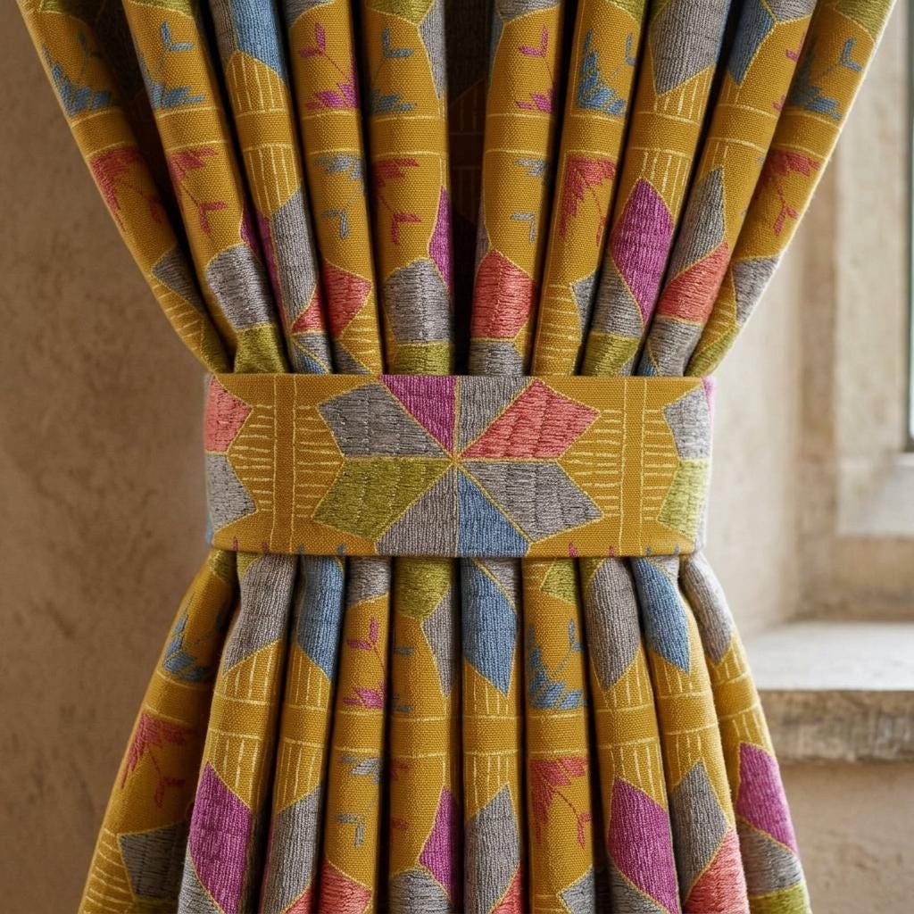 Mustard Yellow Geometric Linen Cotton Curtains, Pink Blue Gray Olive Mid Century Drapes, Custom Blackout Window Panels — image 1