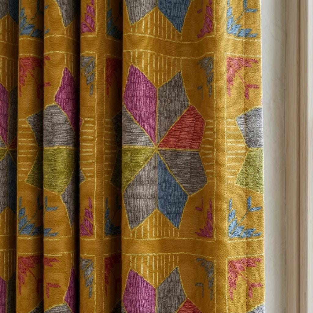 Mustard Yellow Geometric Linen Cotton Curtains, Pink Blue Gray Olive Mid Century Drapes, Custom Blackout Window Panels — image 1