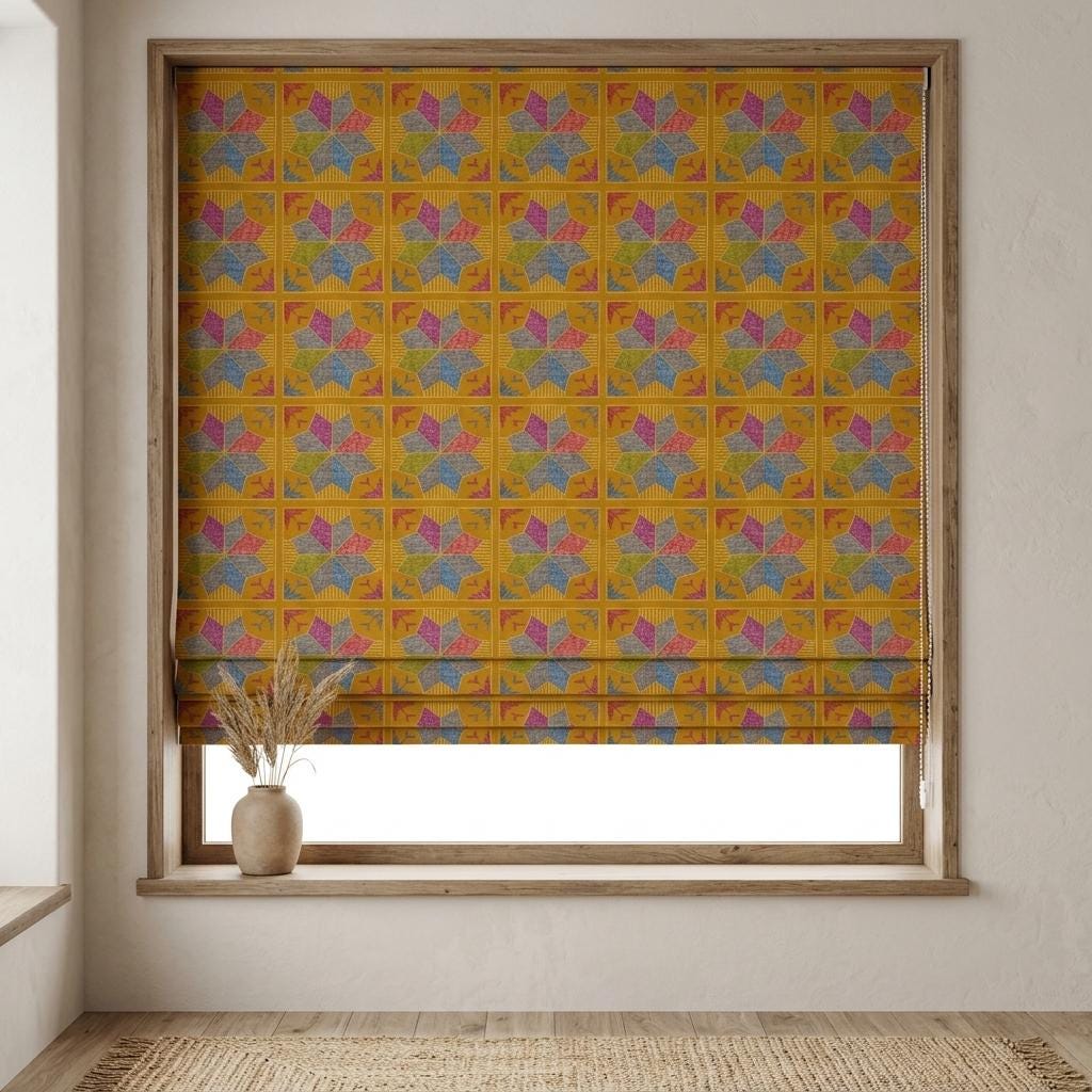 Custom Roman Shade, Mustard Geometric Printed Cotton Linen Blind, Boho Window Treatment, Blackout or Light Filtering — image 7