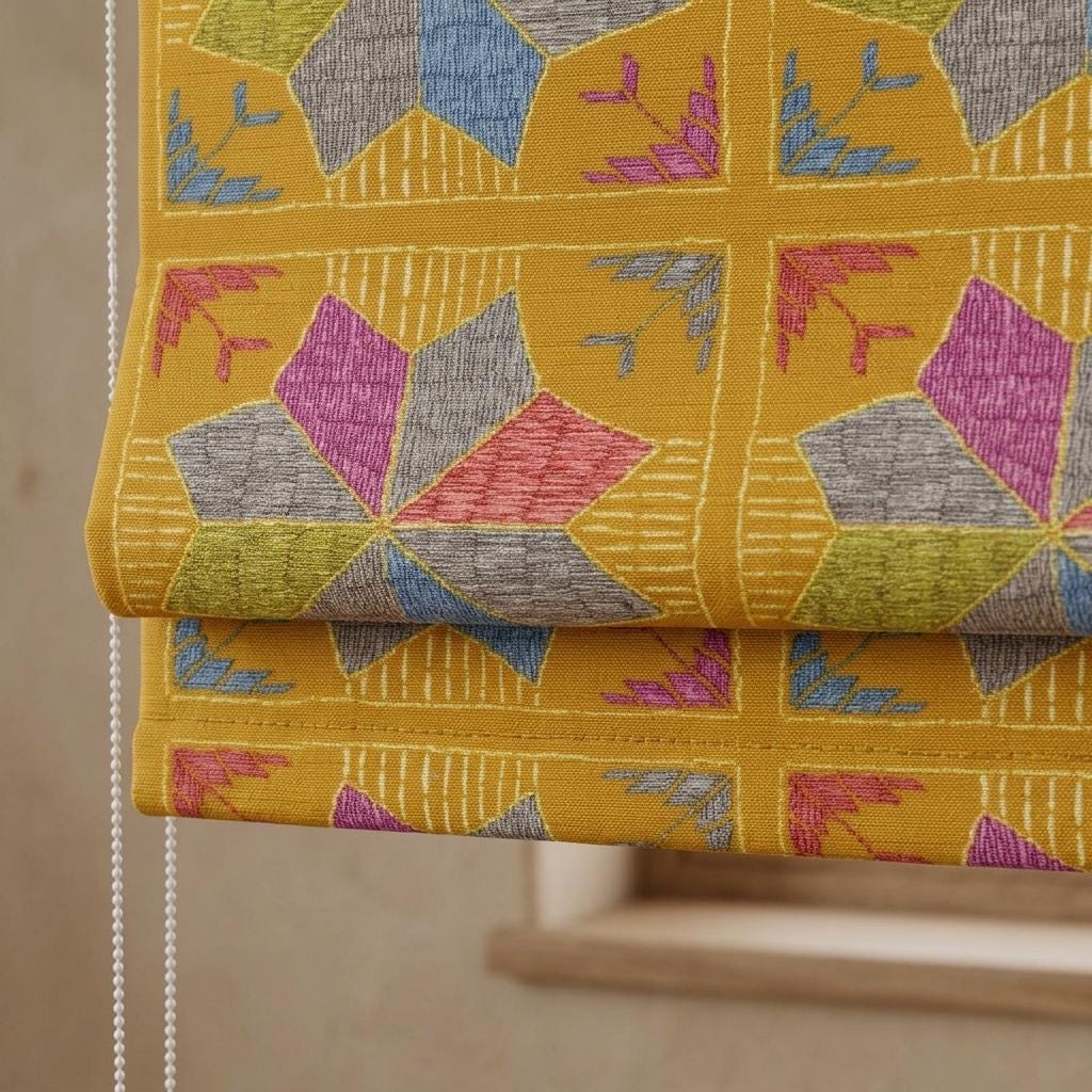 Custom Roman Shade, Mustard Geometric Printed Cotton Linen Blind, Boho Window Treatment, Blackout or Light Filtering — image 8